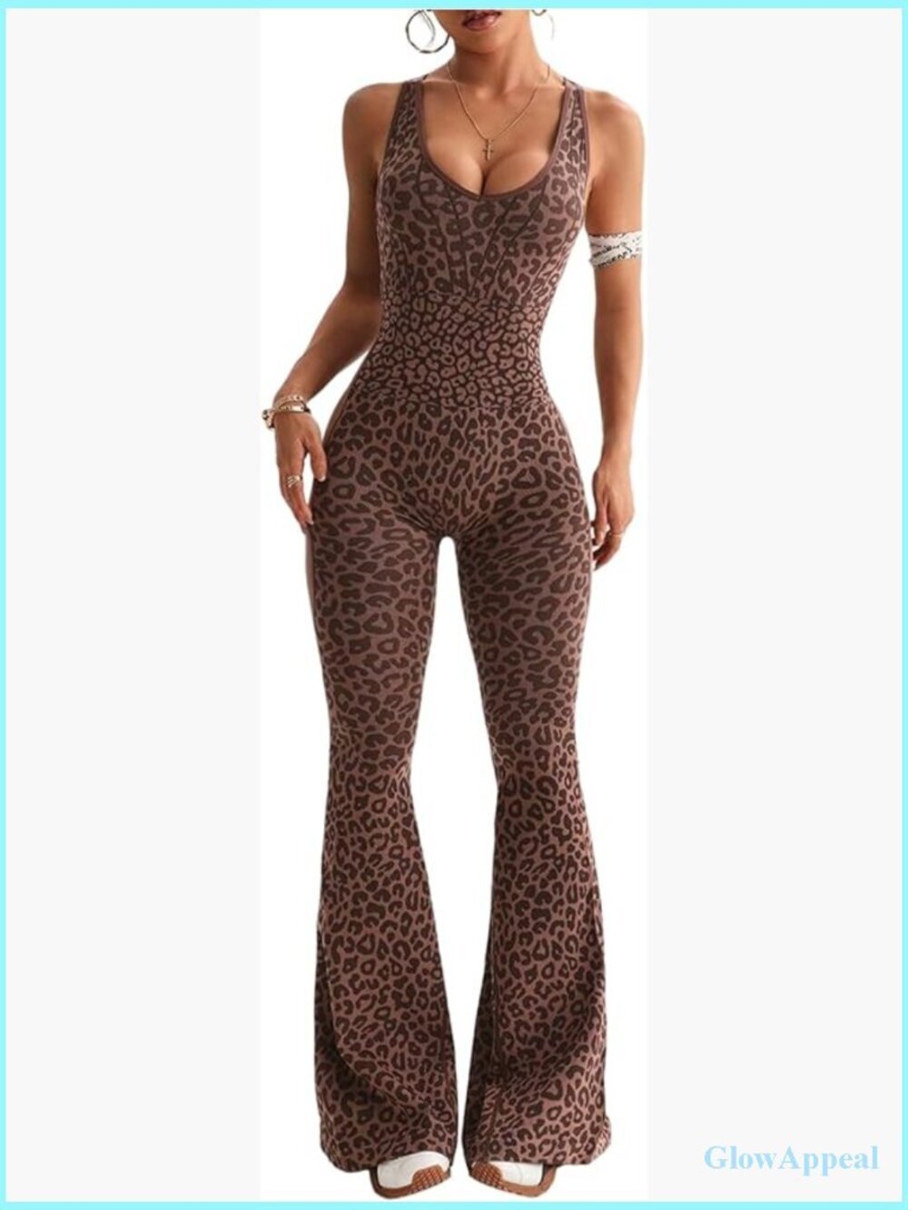 Cheetah Print Sleeveless Jumpsuit with Flared Pants for Workout